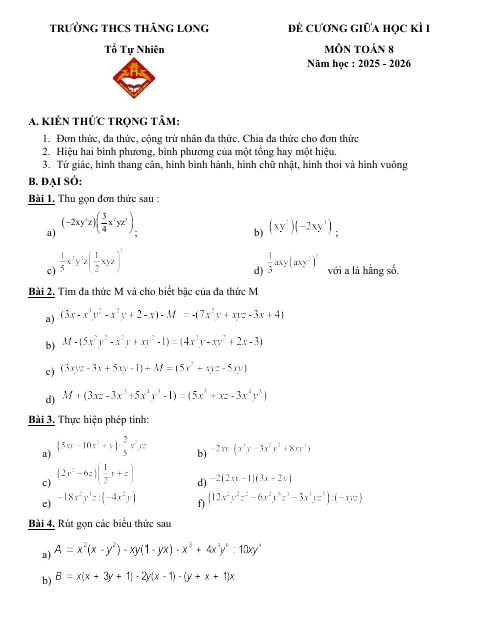 Đề cương giữa học kì 1 Toán 8 năm 2025 – 2026 trường THCS Thăng Long – Hà Nội (bản Word)